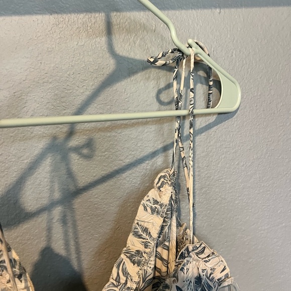 Womens Palm Print Midi Dress Medium Blue White Tropical Leaf Button Up Vacation - Picture 8 of 14